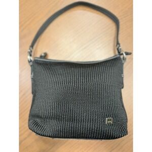 The Sak Crochet Shoulder Bag Black Knit Floral Lining Hobo Purse Small Medium